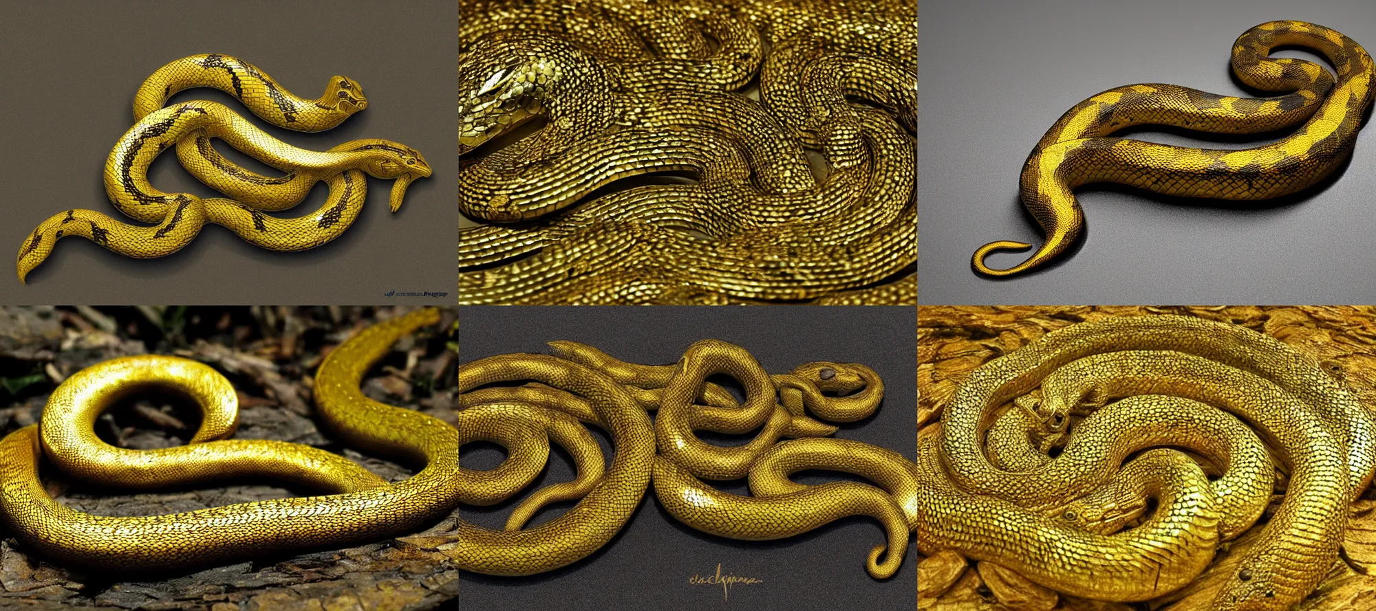 Prompt: serpent with golden reflective scales, fantastic forest setting, ultra realistic, smooth surfaces