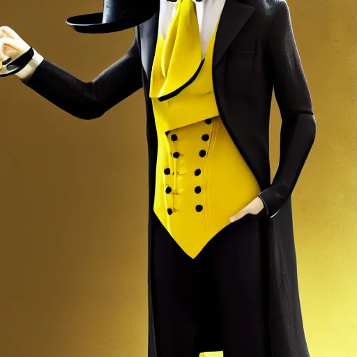 Image similar to a highly detailed portrait of a man in a high top hat covering his face, in a black tailcoat with a yellow waistcoat under the tailcoat, artstation, deviantart, professional, unreal engine 5, photorealistic