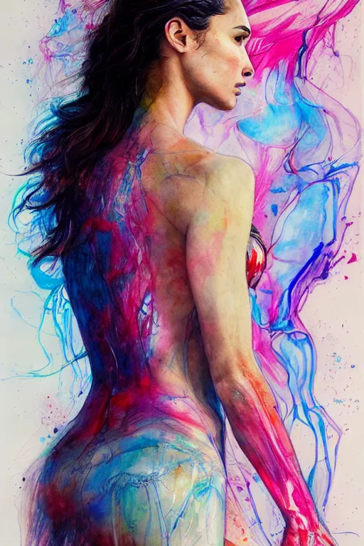 Image similar to gal gadot by agnes cecile enki bilal moebius, intricated details, 3 / 4 back view, full body portrait, extremely luminous bright design, pastel colours, drips, autumn lights