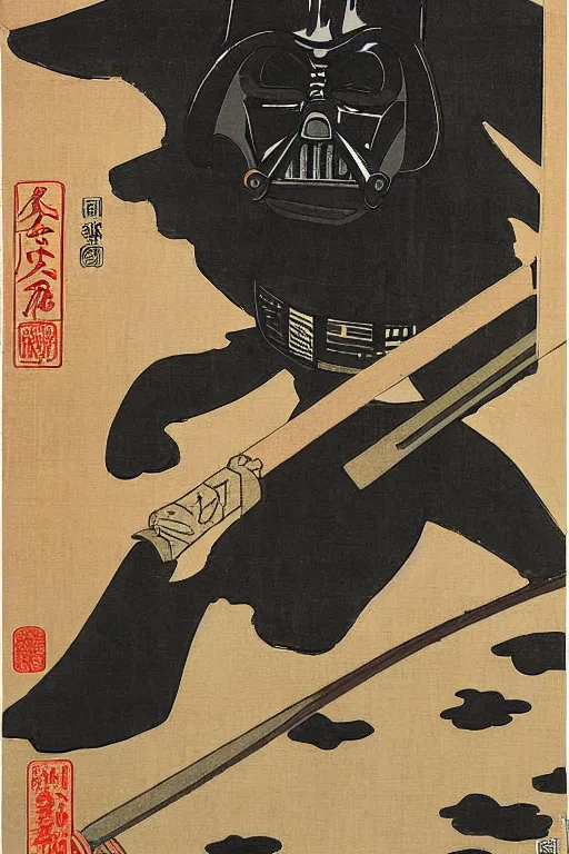 Prompt: Japanese woodblock print of Darth Vader holding a samurai sword , Hokusai