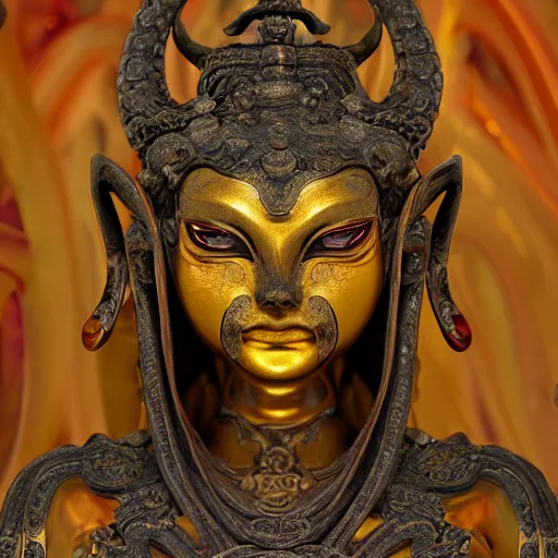 Image similar to naraka buddhist demon korean female, highly detailed, symmetrical long head, golden amber eyes, smooth marble surfaces, detailed ink illustration, raiden metal gear, cinematic smooth stone, deep aesthetic, concept art, post process, 4 k, carved marble texture and silk cloth, latex skin, highly ornate intricate details, in the style of 8 8 grzes