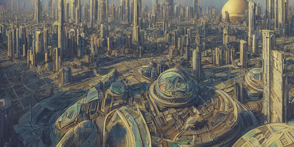 Prompt: a beautiful painting of futuristic islamic city with dome and croweded street alot of people by angus mckie, trending on artstation