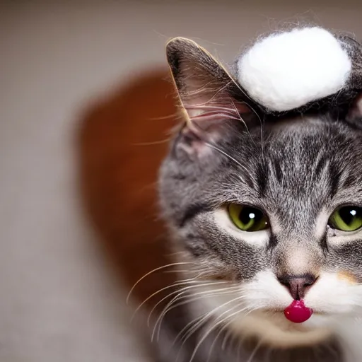 Image similar to cute cat photo licking tongue, wearing wool hat, cat ears