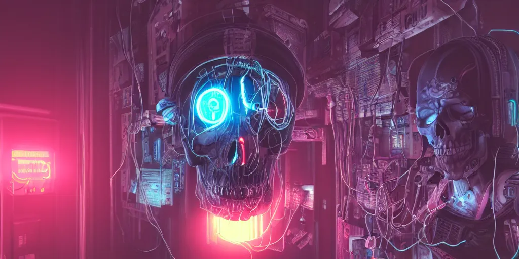 Image similar to a photorealistic cyberpunk skull with electronic wires and cables coming out of it, eyes lighting up with LED lights, in a seedy cellar lab, vaporwave, scifi, trending on artstation, 4K, cinematic, epic lighting, UHD, HDR