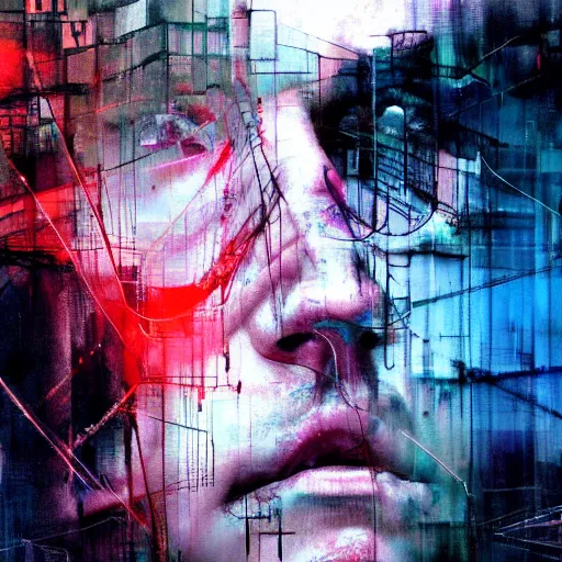 Image similar to man stealing the energy from another man, wires, cybernetic machines and decay moody hyperrealism 8 k photo atmospheric by jeremy mann francis bacon and agnes cecile ink drips paint smears digital glitches glitchart