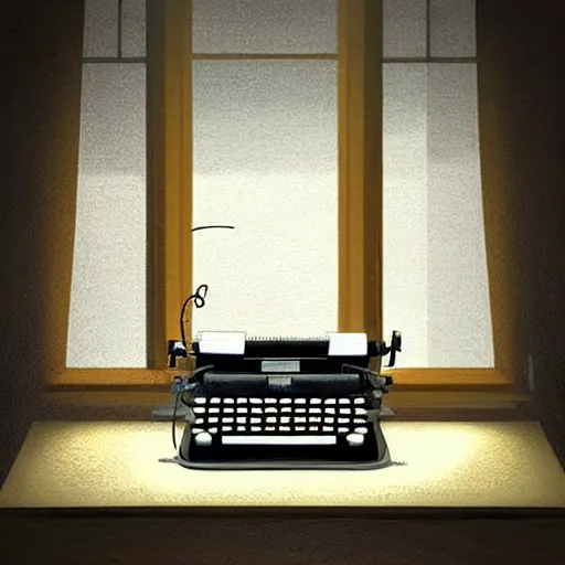 Image similar to Digital art of a typewriter sitting on a desk, there is a window behind it, gentle light lights the room from outside, very detailed, beautiful, realistic