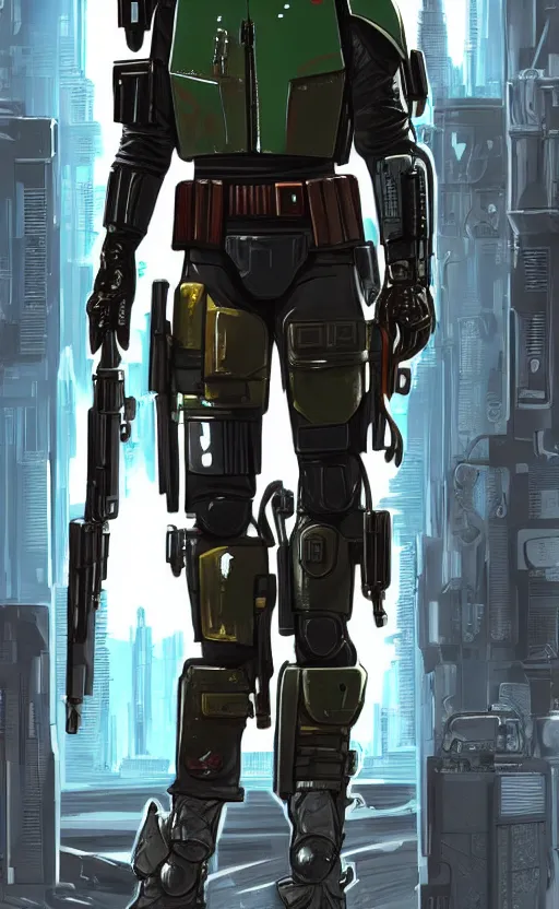 Prompt: cyberpunk mercenary inspired by boba fett in a scenic scifi environment