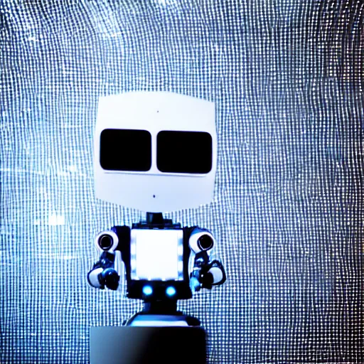 Image similar to futuristic robot dj made of white reflective plastic at a techno music club, very detailed, intricate, hyperrealistic, dark background, colored light, smoke, very cool
