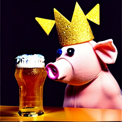 Prompt: !dream studio photograph of a pig wearing a gold crown depicted as a muppet drinking a glass of beer