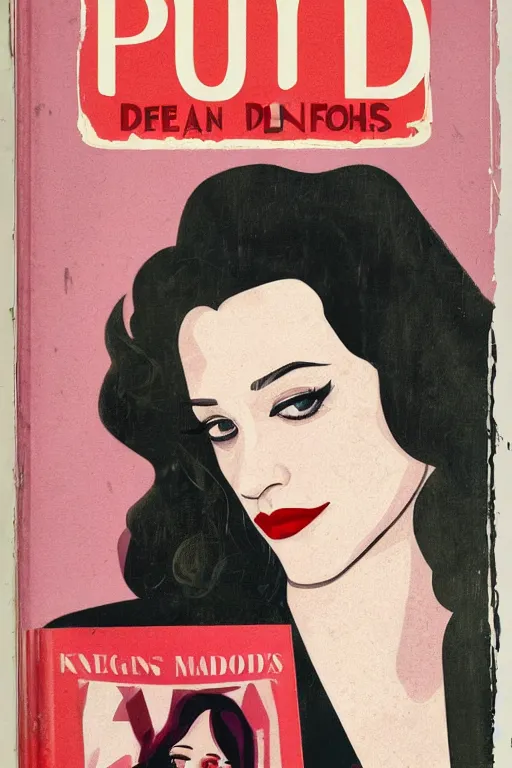 Prompt: A Pulp Noir book cover featuring a portrait of featuring Kat Dennings looking at camera, medium close up, by Robert Maguire