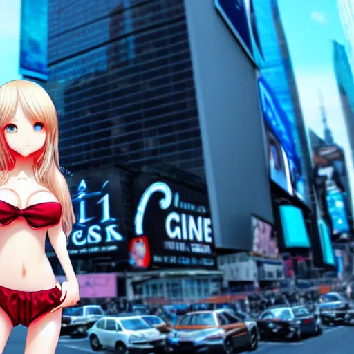 Image similar to a very beautiful young anime giantess, full body, standing in time square, long wavy blond hair, sky blue eyes, full round face,, bikini, miniskirt, front view, mid - shot, highly detailed, cinematic wallpaper by stanley artgerm lau