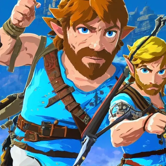 Image similar to Chuck Norris in The Legend of Zelda Breath of the Wild, detailed screenshot