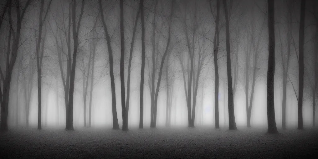 Image similar to dark creepy trees arching grayscale fog