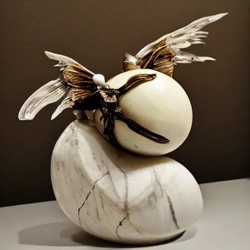 Prompt: eyeball with wings and fangs, white marble with gold accents, by ellen jewett