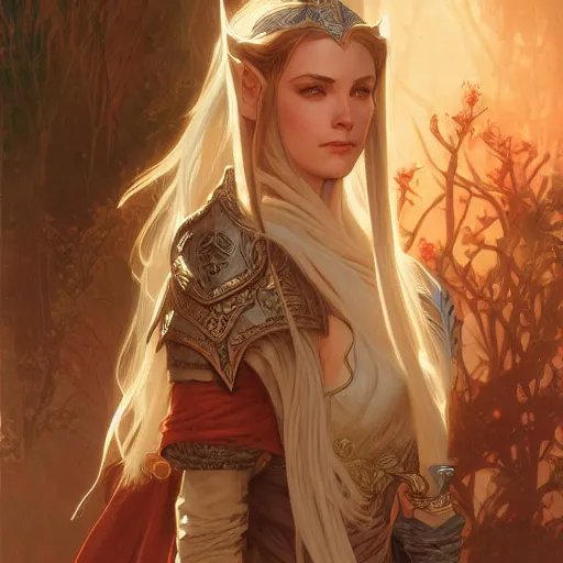 Image similar to a beautiful high elf , D&D, fantasy, intricate, cinematic lighting, highly detailed, digital painting, artstation, concept art, smooth, sharp focus, illustration, art by Terry Moore and Greg Rutkowski and Alphonse Mucha