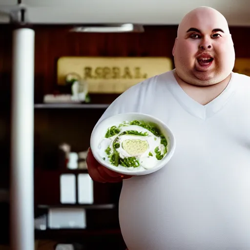 Image similar to “ 8 k photo of fat, bald man that really loves ranch dressing. office setting. ”