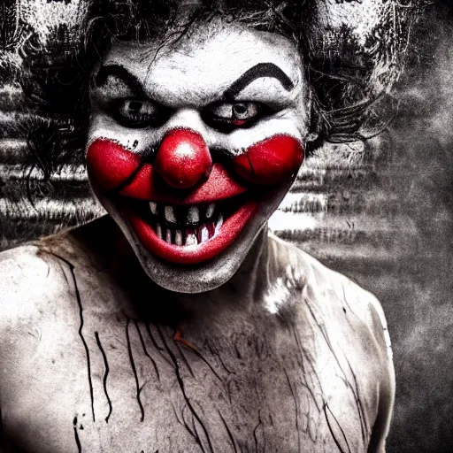 Image similar to Evil clown Big smiling mouth, black round nose, spiky long hair, worn striped tank top emerging from a fog and dust. Realistic. Very textured, hyper detailed, cinematic, ambience, perfect composition, focus, dark