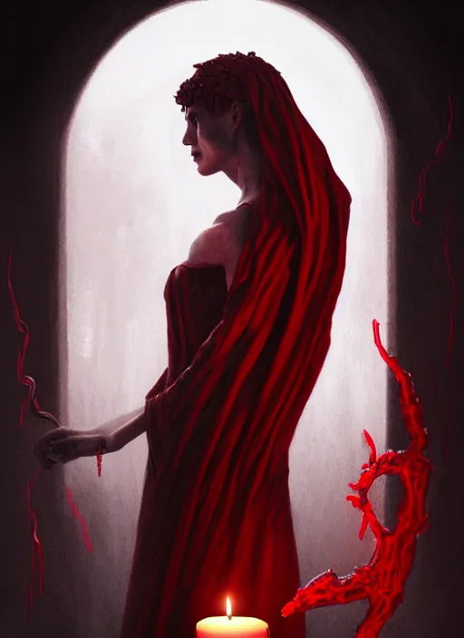 Image similar to portrait of the goddess of blood, long cloak made of blood, profane glowing rune, bloody runes, demonic portal behind, intricate, elegant, soft red candle light, highly detailed, digital painting, artstation, concept art, smooth, sharp focus, illustration, art by wlop, mars ravelo and greg rutkowski