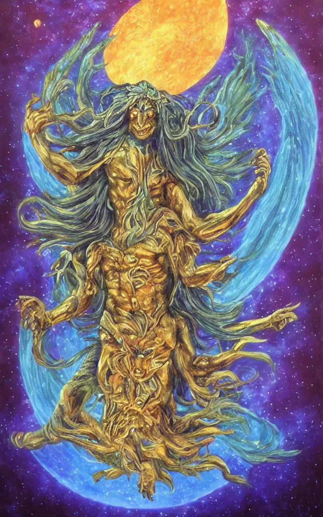 Prompt: the god of the lunar mythos lunar deity, award winning oil painting, iridescent colors