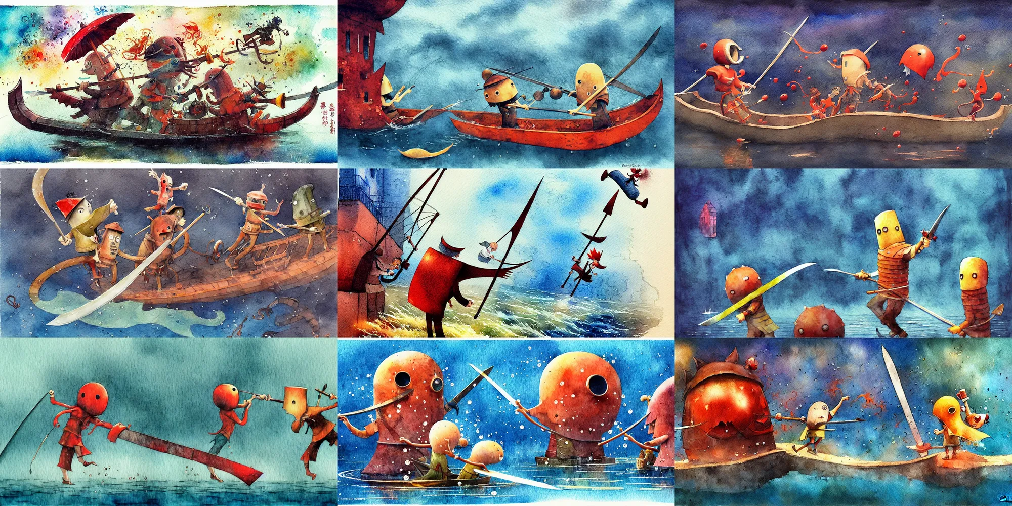 Prompt: ! movie scene, by shaun tan, by nohisa inoue, characters, waterway, action photography, gondola, sword fight, splash, amazing composition, colorful ( ( watercolor ) ), illustration, gloomy, vignette