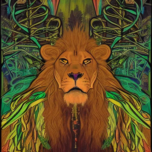 Prompt: portrait of a mythological beast with lion face and bird wings in the middle of a lush forest at night. diffuse neon light, dramatic landscape, fantasy illustration, matte painting by mucha - h 7 0 4