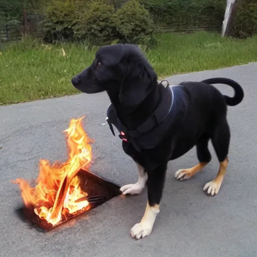 Prompt: dog / human hybrid starts a fire