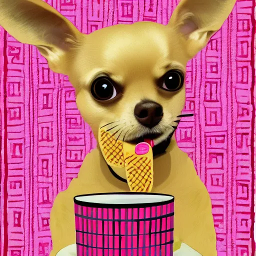 Prompt: a cute chihuahua eating an ice cream in the style of anni albers