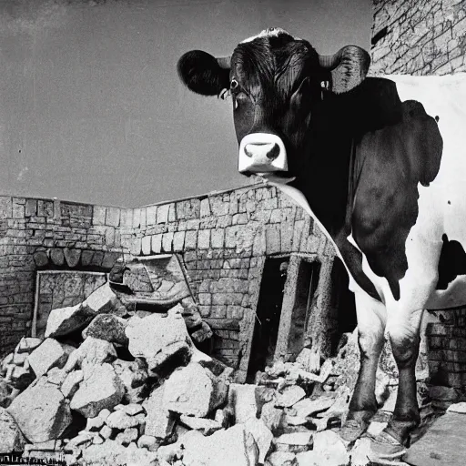 Image similar to ww 2 photograph of a buff cow staring at the camera, building rubble