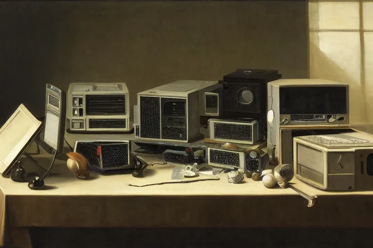 Prompt: still life painting of vintage computers by Pieter Claesz, oil on canvas, strong lighting, highly detailed, hyper realism, HD, 4K