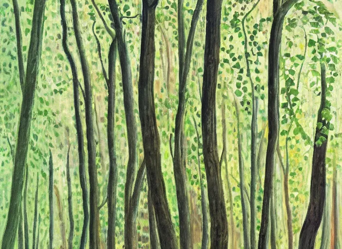 Image similar to painting of a forest, tall trees, vines hanging down from the trees, painted by charles e. burchfield, artstation hq, plein air, painterly