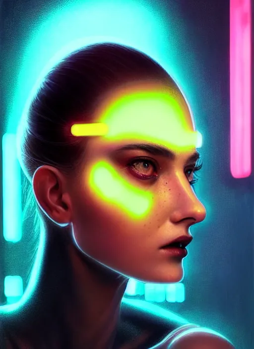Prompt: photorealistic an european female humanoid with heavy freckle cheeks, cyber neon lightings, futurism, cyberpunk high fashion, elegant profile pose, intricate details, crispy quality, digital photography, trending in artstation, trending in pinterest, no watermark signature, cinematic, 4 k ultra hd, art by artgerm, art by greg rutkowski, art by pascal blanche