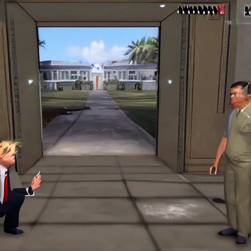 Image similar to nuclear secrets hidden in a fortified golf mansion in florida as a hitman video game mission, next gen screenshot, president trump is looking into the camera