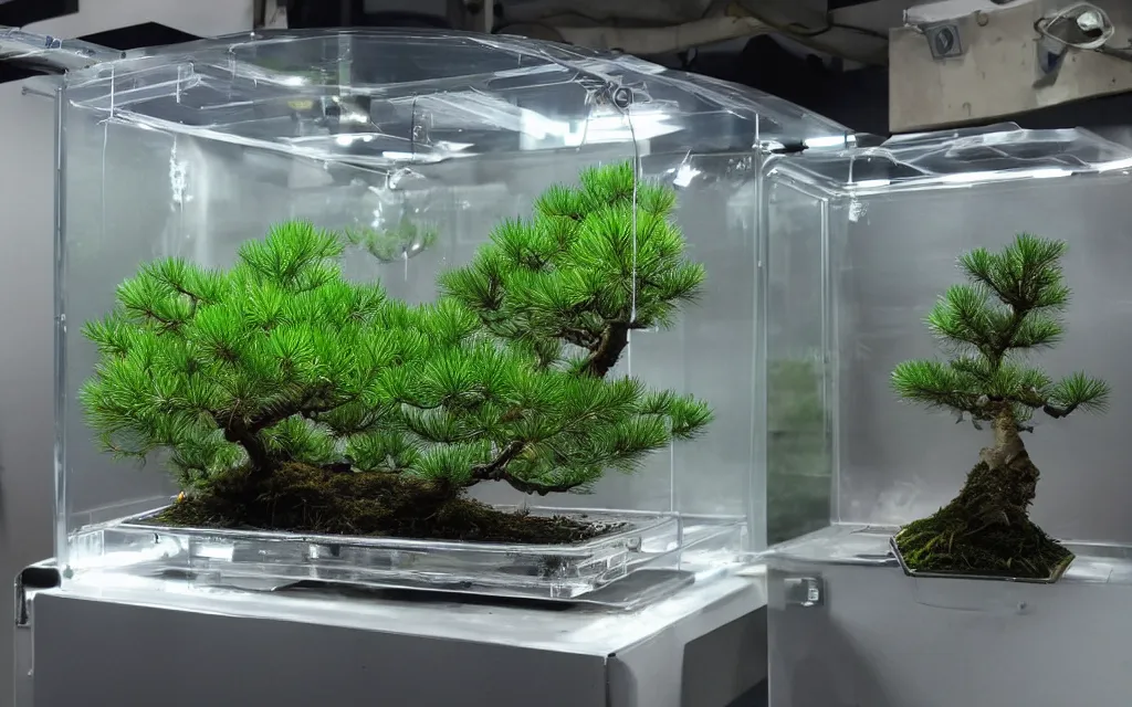 Prompt: a plant incubator made of glass, many stainless steel, precision instruments and screens. there is a pine bonsai inside. there are many transparent hoses in the glass fiber reinforced plastic. the hoses are filled with water and mist. the ultraviolet lamp illuminates the pine trees above the box, highly detailed