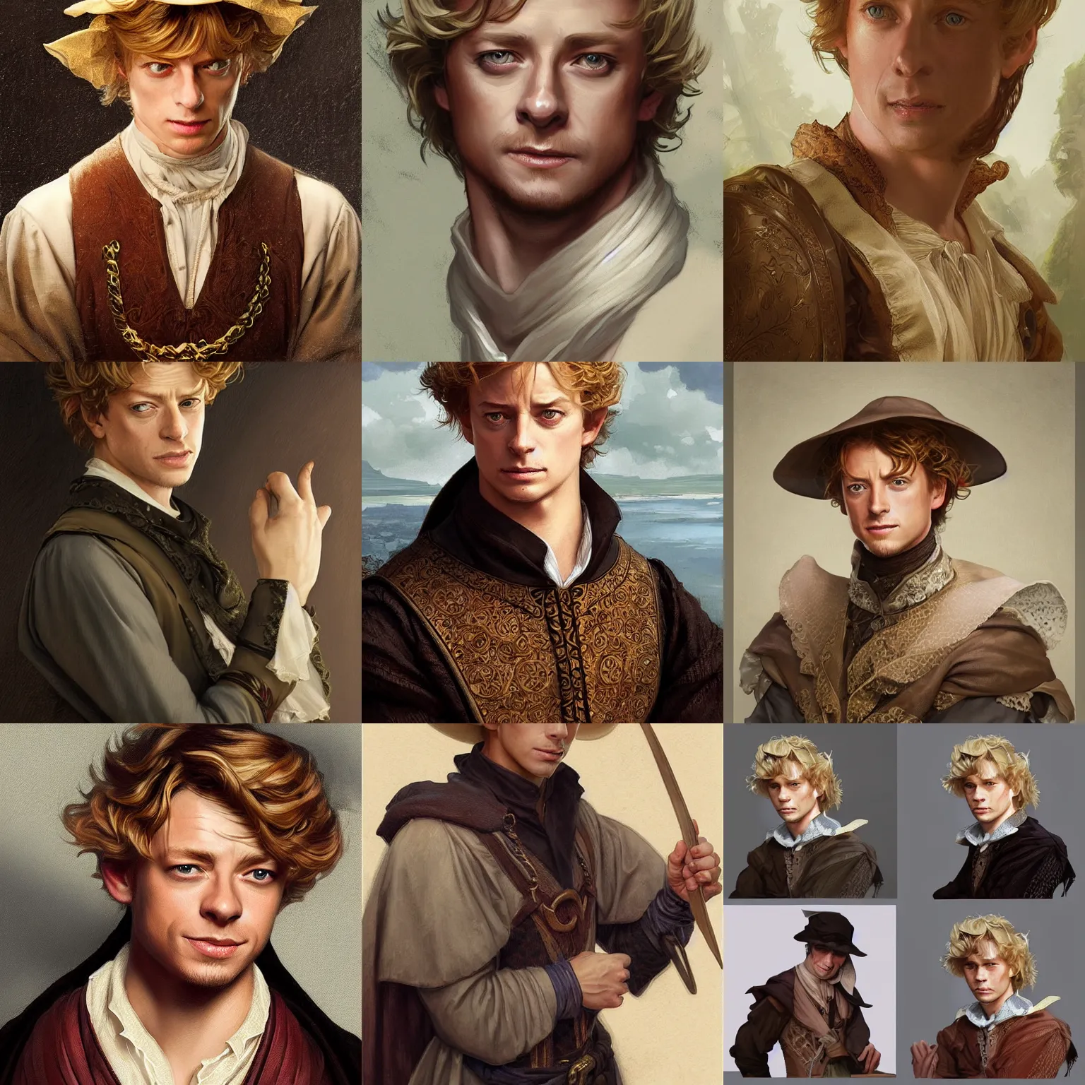 Prompt: a young man wearing 16th century clothes, sly expression, blonde, young simon baker, D&D, fantasy, portrait, highly detailed, digital painting, artstation, concept art, sharp focus, illustration, art by artgerm and greg rutkowski and alphonse mucha