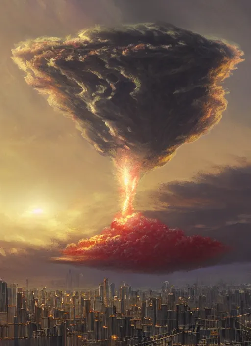 Prompt: a rose!!!!!!! shaped nuclear explosion over a city seen from far away by d. jun, by mo xiang tong xiu, by igarashi daisuke, trending on artstation