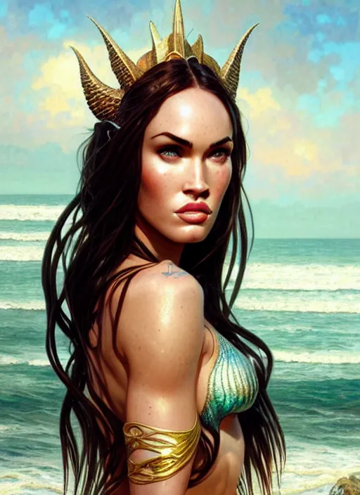 Prompt: portrait of megan fox as mermaid, fishtail, ocean, seashells, intricate, headshot, highly detailed, digital painting, artstation, concept art, sharp focus, cinematic lighting, illustration, art by artgerm and greg rutkowski, alphonse mucha, cgsociety