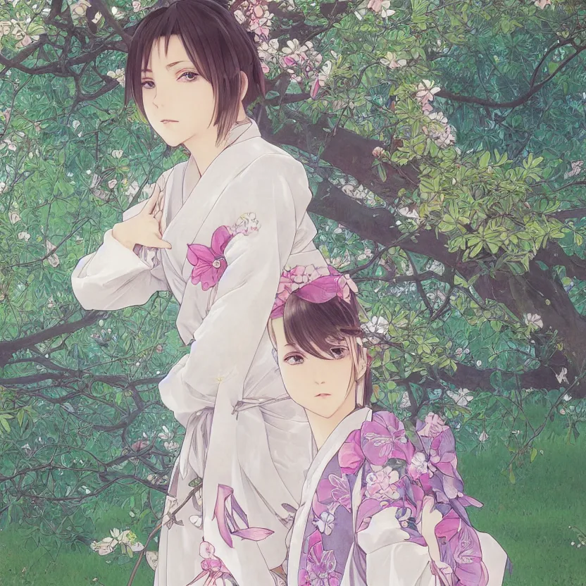 Prompt: portrait of a girl, sakura tree in background, yukata clothing, real faces, anime style, short hair, hair down, symmetrical facial features, from arknights, hyper realistic, 4 k, extreme detail, detailed drawing, trending on pixiv fanbox, realistic lighting, by alphonse mucha, greg rutkowski, sharp focus, backlit