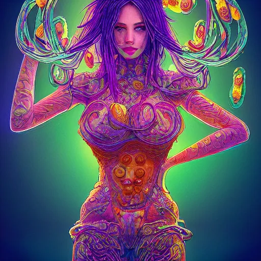 Image similar to the portrait of a ridiculously beautiful and pretty woman partially made of onion rings of all colors looking up, an ultrafine detailed illustration by james jean, final fantasy, intricate linework, bright colors, behance contest winner, vanitas, angular, altermodern, unreal engine 5 highly rendered, global illumination, radiant light, detailed and intricate environment