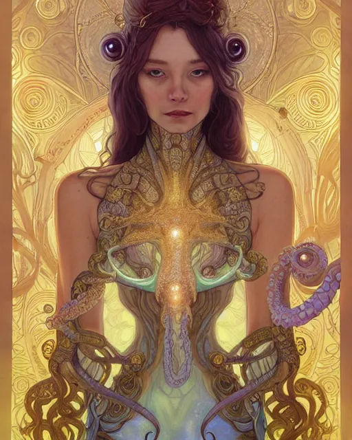 Image similar to alien goddess with body of octopus dreamy vision, highly detailed, gold filigree, romantic storybook fantasy, award, watercolor illustration by mandy jurgens and alphonse mucha and alena aenami, pastel color palette, featured on artstation