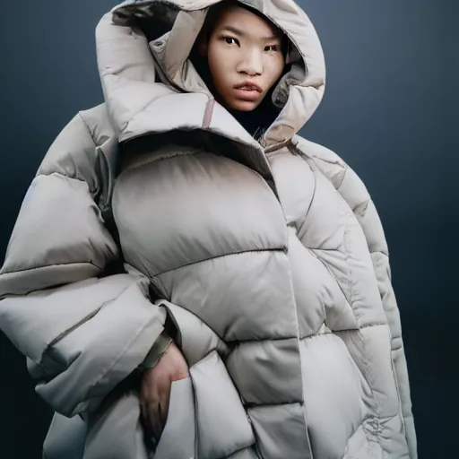 Image similar to realistic photoshooting for a new balenciaga lookbook, color film photography, portrait of a blonde asian woman, model wearing a puffer jacket, photo in style of tyler mitchell, 3 5 mm,