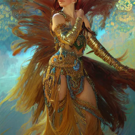 Prompt: a female warrior in peacock armor, light effect, feminine, powerful, in clothes! intricate, elegant, highly detailed, digital painting, artstation, concept art, smooth, sharp focus, illustration, art by gaston bussiere and alphonse mucha.