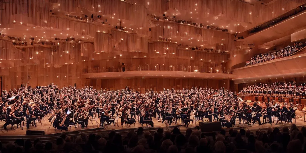 Prompt: interior space of a concert hall venue with a symphony orchesta playing on the stage, realistic, low saturated, octane 8 k