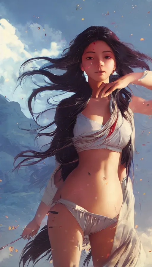 Prompt: beautiful himalayan woman with long silver hair, sci - fi summer bikini, matte, art by ilya kuvshinov and kyoto animation and ruan jia and greg rutkowski, studio quality, aniplex, masterpiece, dramatic warm light, oceanside