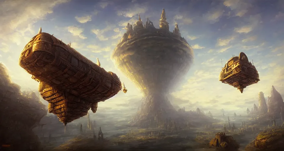 Image similar to landscape an ancient floating fantasy city in the sky and an singular fantasy airship flying towards it andreas rocha