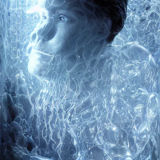 Prompt: sleepingman suspended weightless in water inside glass tank. wearing light blue complex hyperdetailed technical suit. white hair flowing. reflection. rays and dispersion of light. volumetric light. 5 0 mm, f / 3 2. noise film photo. ultra realistic, wide angle. wayne barlowe, hajime sorayama aaron horkey, craig mullins