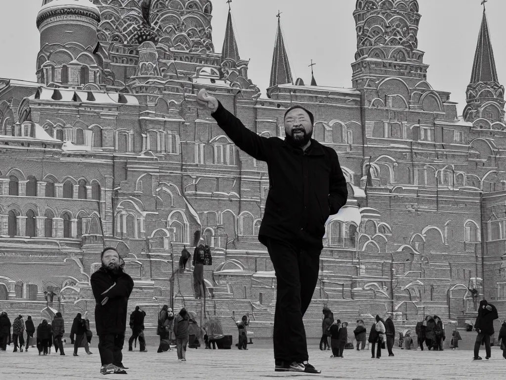 Prompt: ai weiwei giving the middle finger to the kremlin kremlin kremlin red square moscow black and white photograph