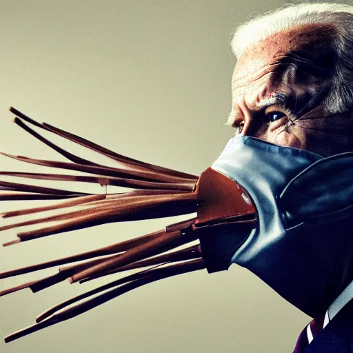 Image similar to uhd candid photo of joe biden wearing a basket - muzzle, with accurate face, real basket - muzzle, uhd, studio lighting, correct face, photo by annie leibovitz