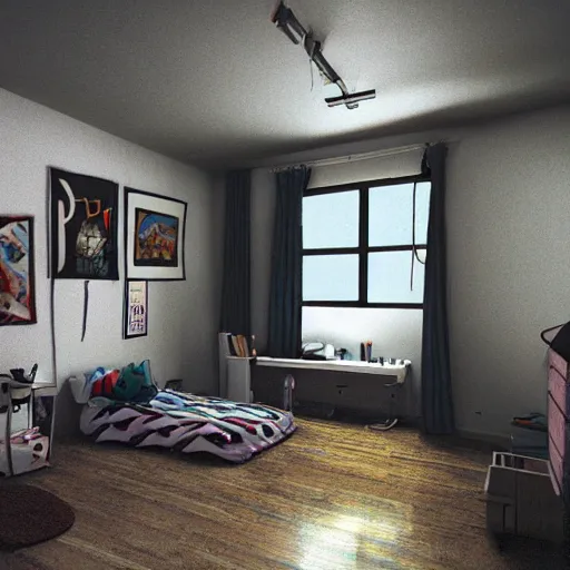 Image similar to a teenage boy's gloomy bedroom, 9 0 s, super detail, realistic, computer, trending on artstation