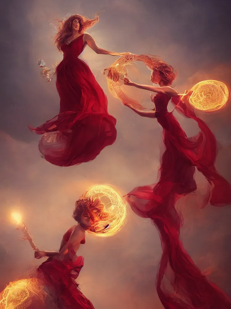 Prompt: A woman floats in midair, encircled by a ring of fire. She wears a crimson gown and her hair is wild and flowing. In her hands she holds a staff adorned with a large crystal ball, super coherent, trending on artstation, single subject, female, magic, by Lulu Chen and Mandy Jurgens
