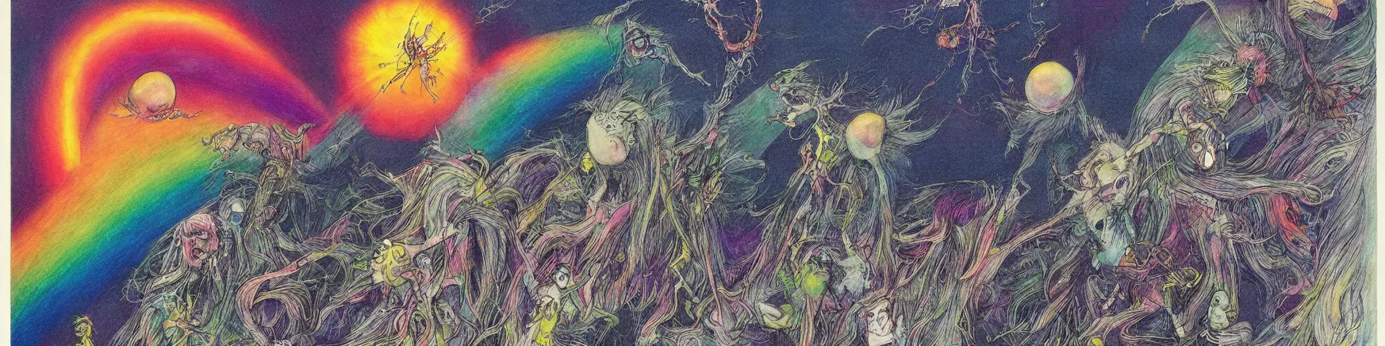 Prompt: dawn of creation ; first atom ; beings of light and darkness ; ethereal plane. vibrant rainbow colors. illustrated by maurice sendak and stephen gammell and junji ito and dr seuss and tsutomu nihei, keith thompson